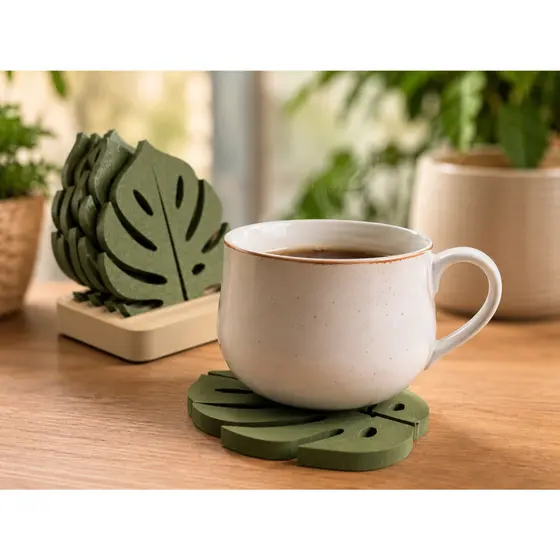 Conjunto de 6 Porta-Copos ou Porta-Xícaras Decorativo Folha Costela de Adao com Suporte - Moderno e Elegante