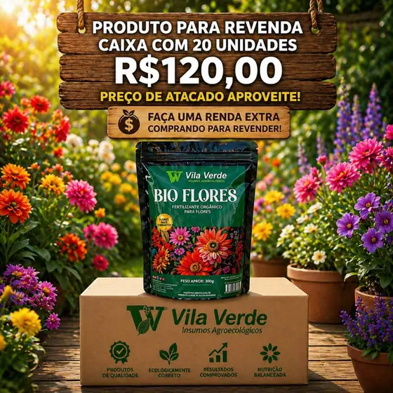 BioFlores Fertilizante Orgânico Para Flores Vila Verde saco zip 300g caixa com 20 unidades