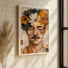 Quadro Retrato Masculino Flores Laranja Abstrato Arte Moderna Pintura Expressão Facial