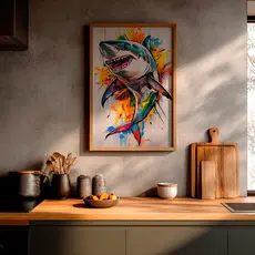 Quadro Tubarão Colorido Arte Moderna Abstrata Mar Oceanos Animal Decoração Sala Quarto Parede