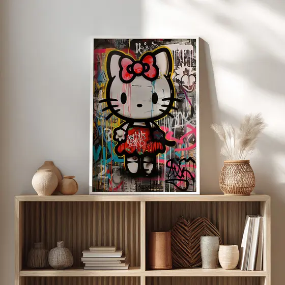 Quadro Hello Kitty Grafite Arte Urbana Street Art Moderna Colorida Personagem Estilo Parede Quarto