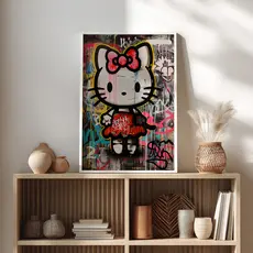 Quadro Hello Kitty Grafite Arte Urbana Street Art Moderna Colorida Personagem Estilo Parede Quarto
