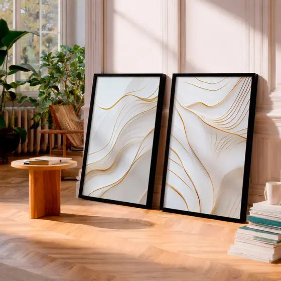 Kit 2 Quadros Decorativos com Moldura Linhas Douradas Abstrato Branco Luxo Minimalista Sala Moderno