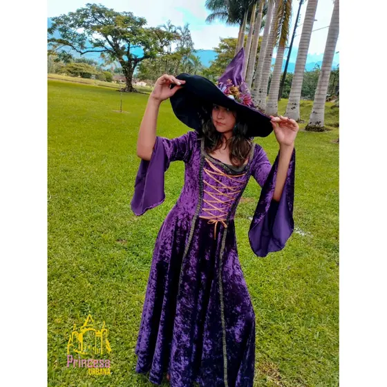 Conjunto medieval vestido e chapéu Roxo luxo