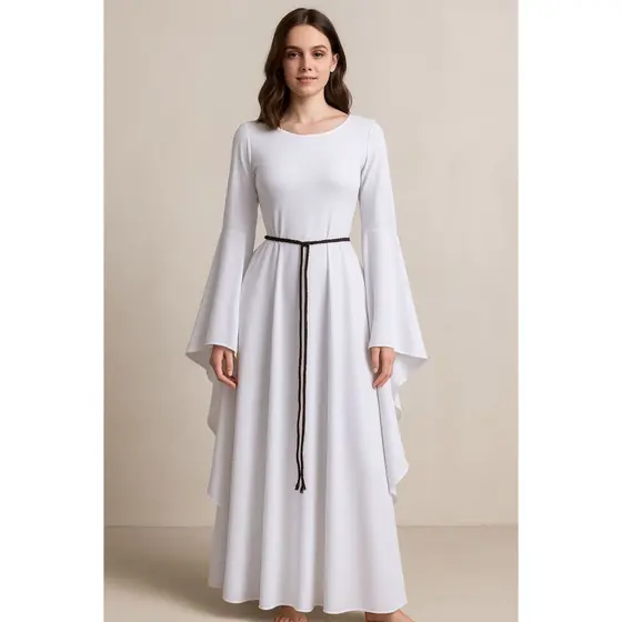 Vestido medieval tecido leve com cordão na cor branca