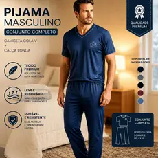 Pijama Masculino Longo Inverno/Verão Calça Comprida e Camiseta Gola V Confortável Ref 091