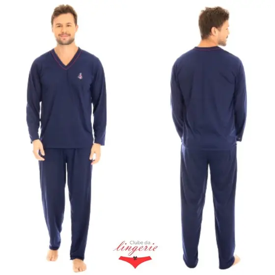 Pijama Masculino Inverno Longo Adulto Gola V Com Bordado Conforto Malha Confortável Ref 080