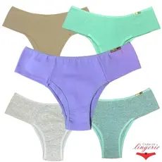 Kit 05 Calcinhas Algodão Tanga Conforto Helena com Lateral Dupla e Viés Confortável