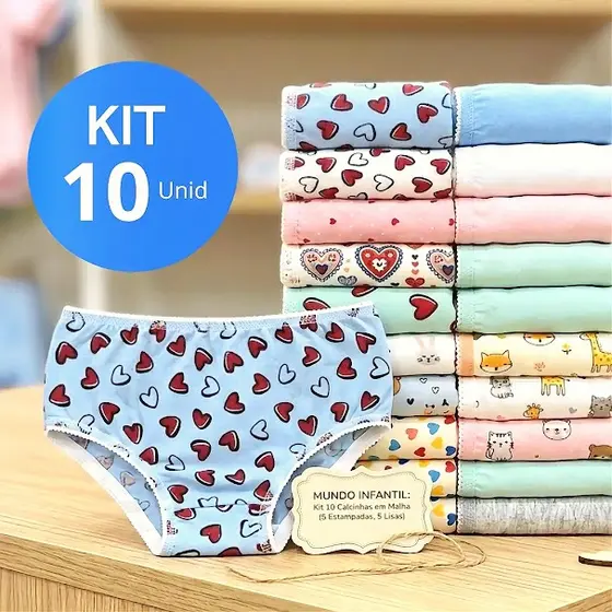 Kit 10 Calcinha Infantil Calçolinha em Malha Forro 100% Algodão Menina Com Estampas e Cores Lisas
