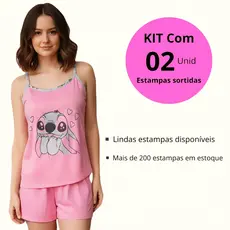 Kit 2 Pijama Feminino Short Doll Estampado Confortável P ao GG Adulto Verão Leve Barato Ref Luana