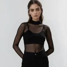 Gola alta blusa de Tule manga longa Malha Transparent Sem Sutiã Elegante Premium