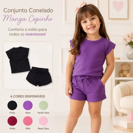 Conjunto Infantil Shorts E Blusa Com Manga Copinho Canelado