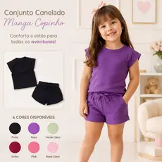 Conjunto Infantil Shorts E Blusa Com Manga Copinho Canelado