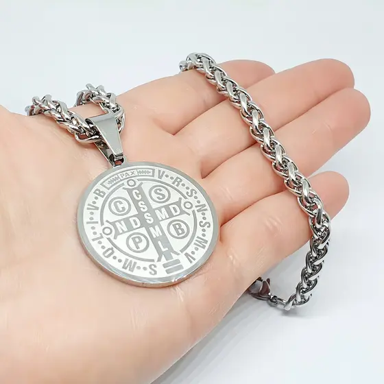 Corrente Cordão Palmier Aço Cirurgico + Pingente São Bento Cor Prateado
