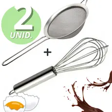Kit Peneira Coador Inox 10cm e Fuê Grande Batedor de Ovos 30cm Para Bolos Pascoa Receitas Utensílios