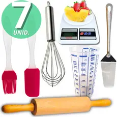 Kit Confeiteiro 7 Peças Rolo De Madeira Balança Copo Medida Fue Pincel Espatula Espatula Inox