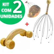 Kit 2 Massageador Madeira Pescoço Costas Relaxante Carrinho e Massageador de Cabeça Cafuné