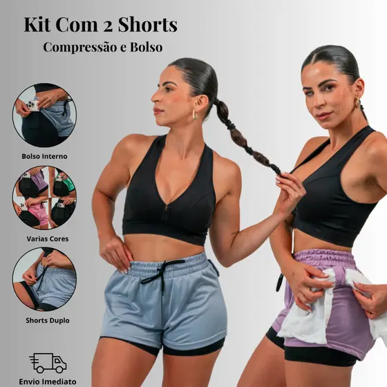 KIT 2 SHORTS DRYFIT 2 EM 1 FEMININO Academia Fitness Bermuda Dupla Caminhada Treino Exercícios