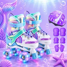 Patins Ajustável Infantil 4 Rodas Com Kit Proteção Rodinha Com Led