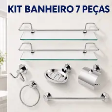 Kit Acessórios Banheiro 5 Peças Inox + 2 Porta Shampoo Reto Lavabo