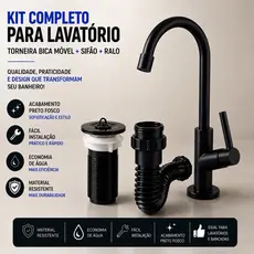 Kit Torneira Banheiro Preto 1/4 + Válvula Ralo 7/8 Pia + Sifão Universal 72cm Lavabo Lavatório