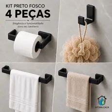 kit Acessórios Banheiro Preto Fosco Aluminio 4 Peças Luxo Porta Toalha Suporte Papel Higienico