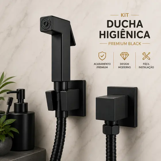 Ducha Higiênica Preto Fosco Quadrada Luxo 1/4 de Volta com Registro para Banheiro Lavabo
