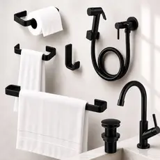 Kit Acessórios Banheiro Preto Fosco Banheiro 7 Peças Luxo Ducha Higiênica + Valvula Click + Torneira 1/4