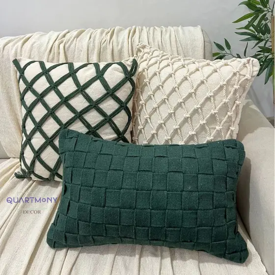 Kit Capa Almofada Macrame Verde Musgo (3 Capas + 1 Manta) Artesanal Moderno Decorativo Algodão