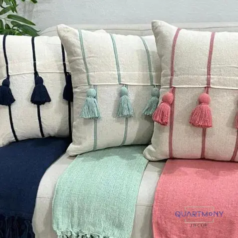 Capa Almofada Pompom Listra Verde Agua Rose Azul Marinho Decorativa Rustica Colorida Artesanal