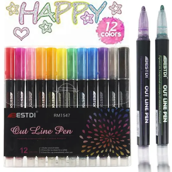 Kit de 8/12  Peças Marcador de Dupla Linha com Contorno Metálico Brilhante e Cores Vibrantes Outline