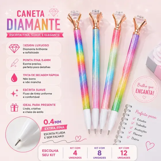 Conjunto 4/8/12 Caneta Gel  Diamante Arco Íris 0.4mm Ponta Fina Escrita Fina