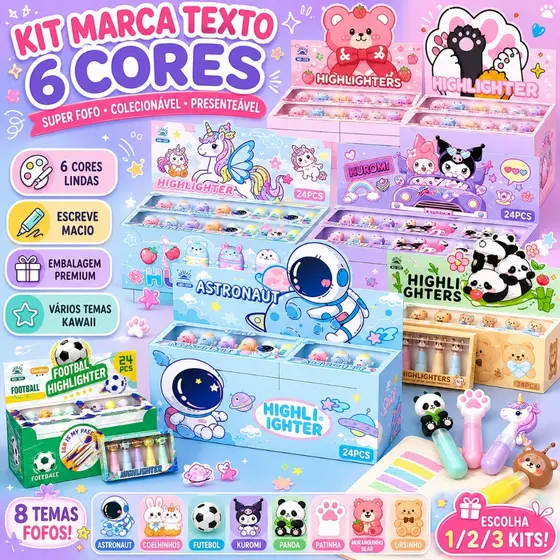 Marca Texto Fofo 6 Cores Fofo Ursinho Astronauta Unicórnio Panda Futebol Escolar Diversos Modelos