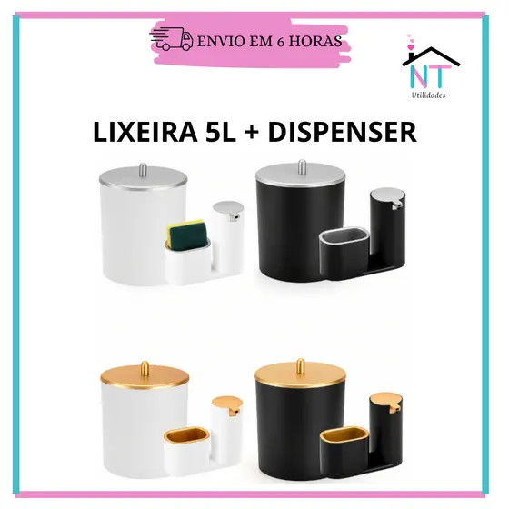 Kit Lixeira Cozinha 5L E Dispenser Porta Detergente Luxo Cozinha Moderna
