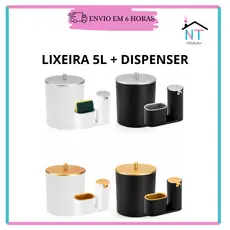 Kit Lixeira Cozinha 5L E Dispenser Porta Detergente Luxo Cozinha Moderna