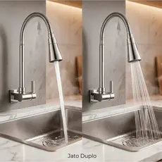 Torneira Gourmet Flexível Jato Duplo Cozinha Luxo Cromada Aço Inox Parede