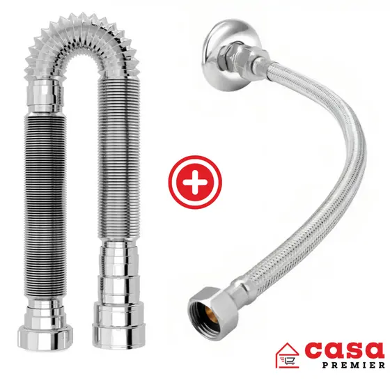 Sifão Sanfonado Flexível Cromado + Engate Flexível Trançado 60cm