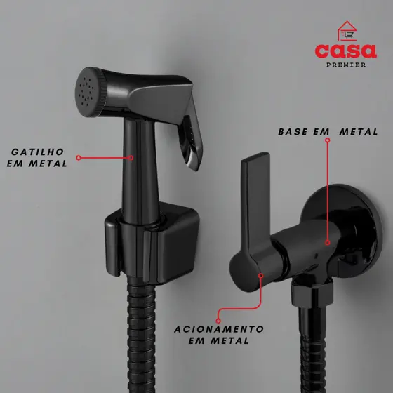 Ducha Higiênica Preta Completa Banheiro Gatilho Metal 1/4 V Engate Flexível 1,20m