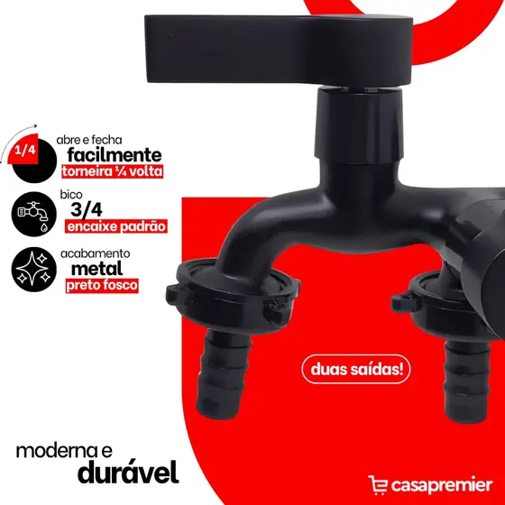 Torneira Jardim P/ Maquina de Lavar Duas Saidas Preto Fosco Luxo