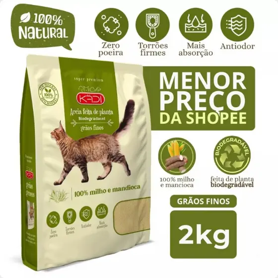 Kadi Areia Biodegradável Grão Fino Gato 2 Kg Milho e Mandioca Gatos Areia Gato 2kg Cat Verde Bio