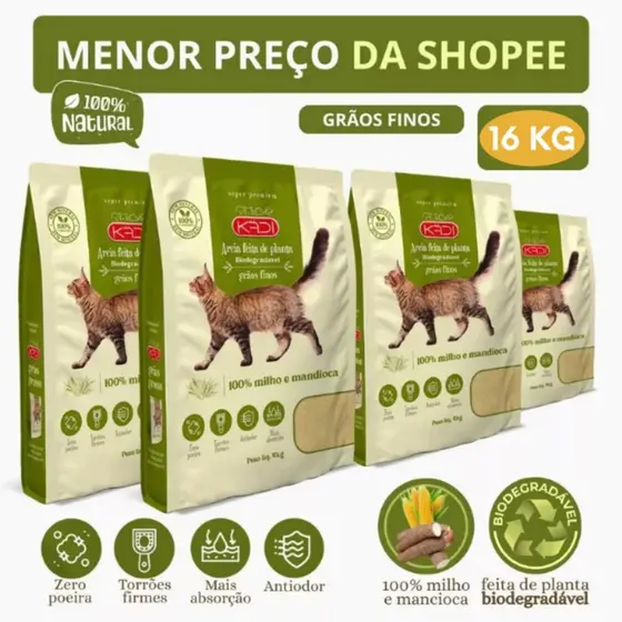 Areia Biodegradável Kadi Grãos Finos Gato 16 KG Grão Fino CatBio Milho Mandioca (4 pacotes de 4 kg)