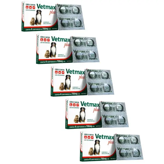 05 CX Vermífugo Cães Gatos Vetmax Plus 4 Comprimidos Vetnil