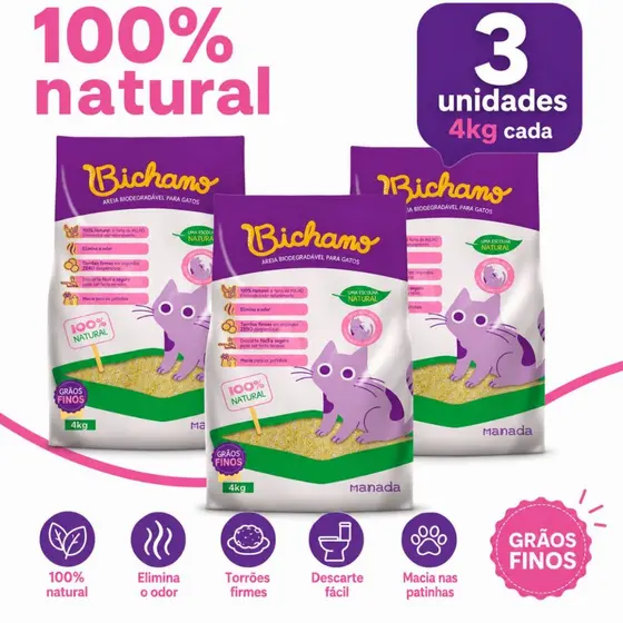 Kit 03 Unidades Areia Biodegradável Bichano Gatos Grãos Finos 12kg Manada Grão Fino Milho Mandioca