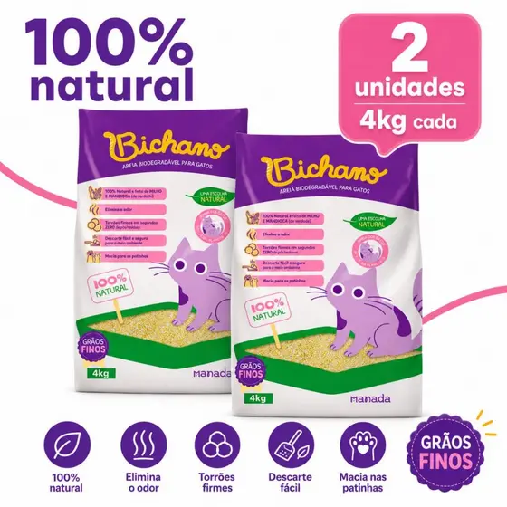 Kit 02 Unidades Areia Biodegradável Bichano Para Gatos Grãos Finos 8kg Manada Milho e Mandioca