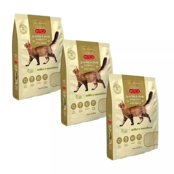 Kit 03 Unidades Areia Higiênica Gatos Grãos Mistos Kadi 2kg