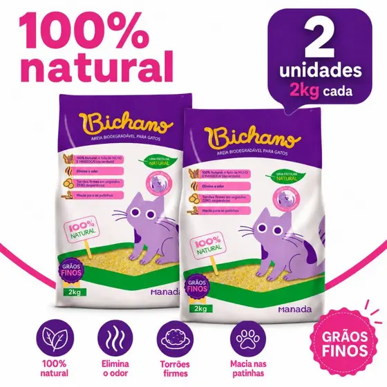 Kit 02 Areia Biodegradável Bichano Para Gatos Cat Grãos Finos 2kg Bio Milho e Mandioca Grão Fino Manada