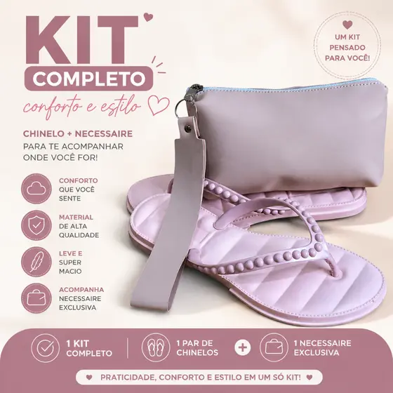 Kit Chinelo Rasteira Feminina Pérola + Nécessaire Elegante Confortável Leve Casual