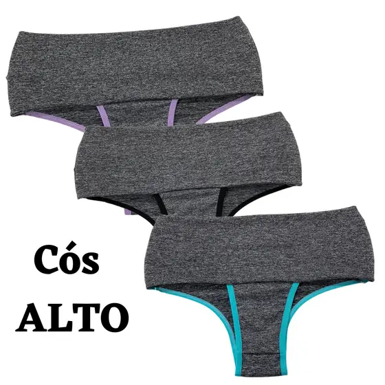 3 Calcinhas Cós Alto Fitness Feminina Lateral larga Microfibra Forro Algodão - Paloma