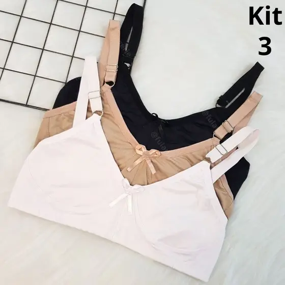 Kit 3 sutiã Sustentação Reforçado Lateral Larga Sem Bojo Promoção - Sutia Normal