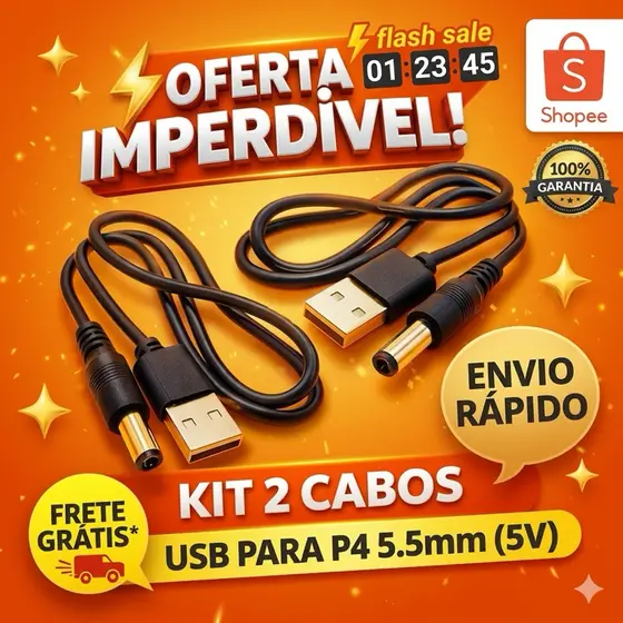 Kit 2 Cabos USB P4 DC 5V 5.5mm x 2.1mm Para Eletrodomésticos e Fontes 80cm